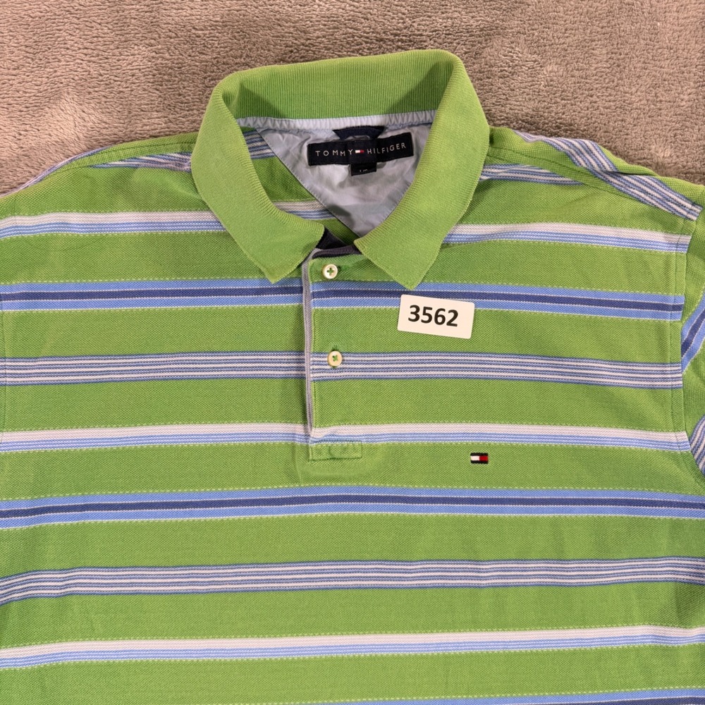 Tommy Hilfiger Polo Shirt‎ Mens Large Green Striped Short Sleeve Cotton Pique